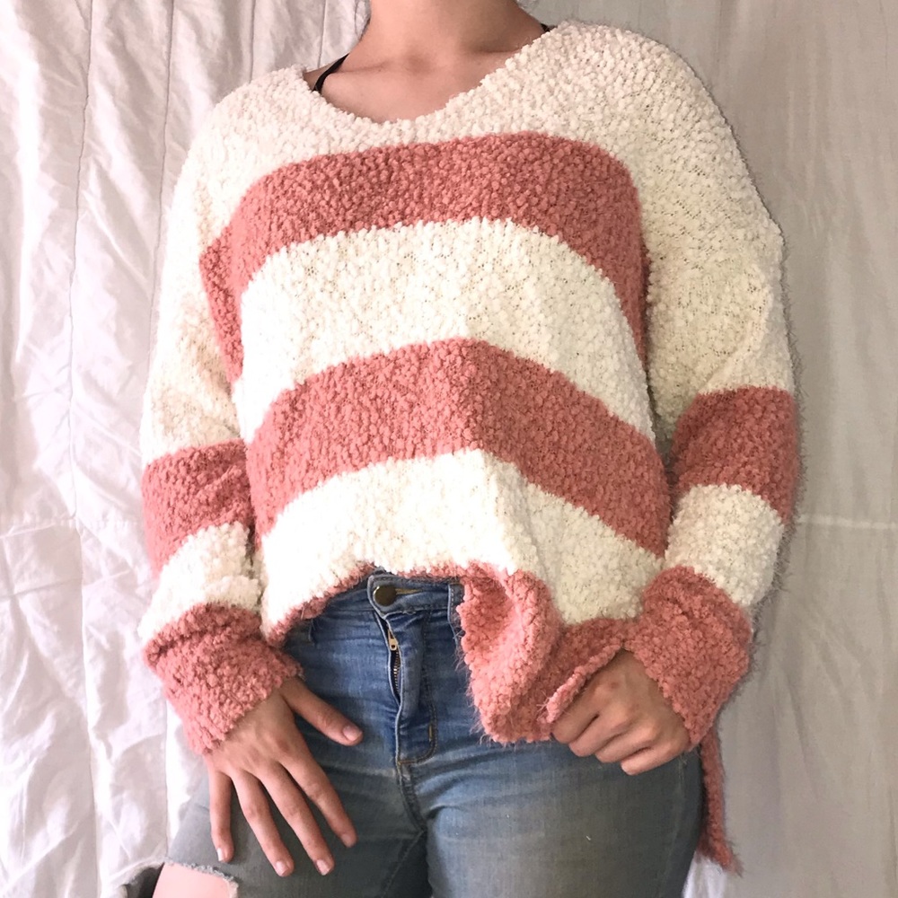 She + Sky Pink & White Striped Sweater Size M/L